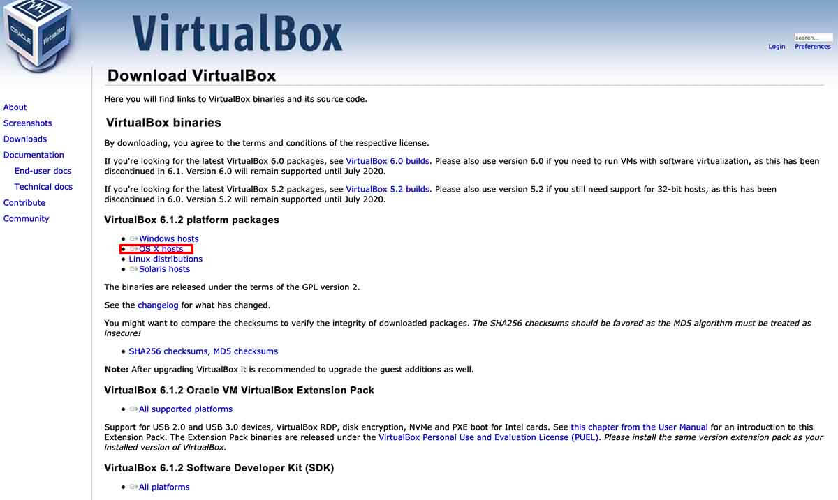 VirtualBoxのダウンロード場所