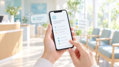 病院の待合室でiPhoneの受診メモを見せるイメージ