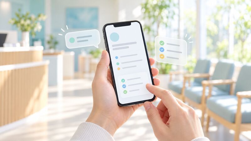 病院の待合室でiPhoneの受診メモを見せるイメージ
