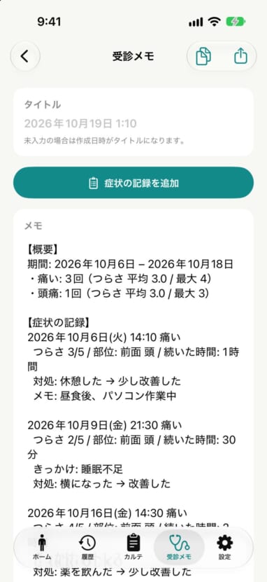 受診メモの編集画面。【概要】と【症状の記録】が本文に入っている